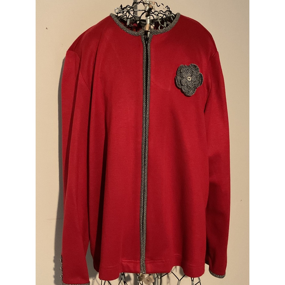 Alfred Dunner Womens Red Zip Front Cardigan Sweater Herringbone Trim Flower L